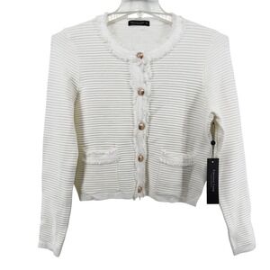 NWT Emerson Lang Womens Cream Ribbed Fringed Trim Button Front Cardigan Size S